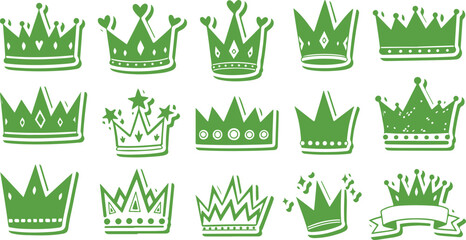 Set of green ornate crowns and tiaras for royalty and leadership design elements and graphic applications icons. © chaity