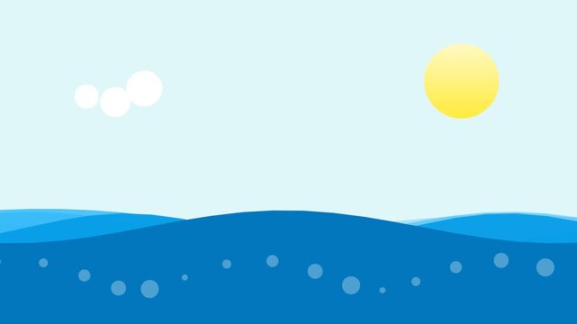 Animated ocean waves with sun and cloud illustrations in a simple graphic