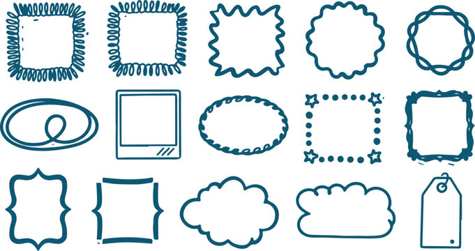 Variety of hand drawn doodle frames and borders like squares circles oval shapes cloud and tag on transparent background.