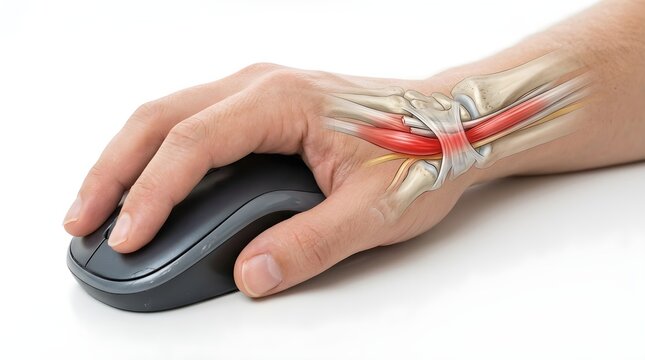 Macro close up anatomical illustration of a hand using a computer mouse, highlighting wrist tendon strain, nerve compression, and carpal tunnel syndrome.