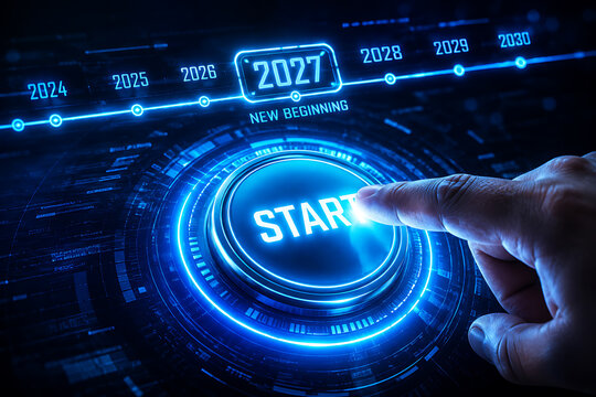 A hand pressing a glowing blue start button on a futuristic interface with a timeline from 2024 to 2030 highlighting 2027 as a new beginning fathers day