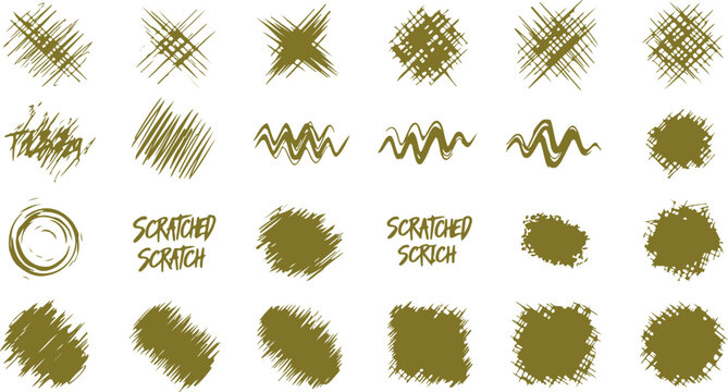 Scratched and rough design elements in olive color on transparent background create grunge effect.