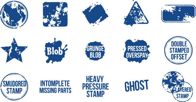Set of blue grunge stamp textures and ink splotches with text elements for distressed design effects.