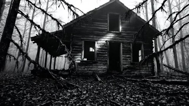Spooky old wooden cabin in foggy forest with branches and leaves in monochrome, haunting atmosphere.