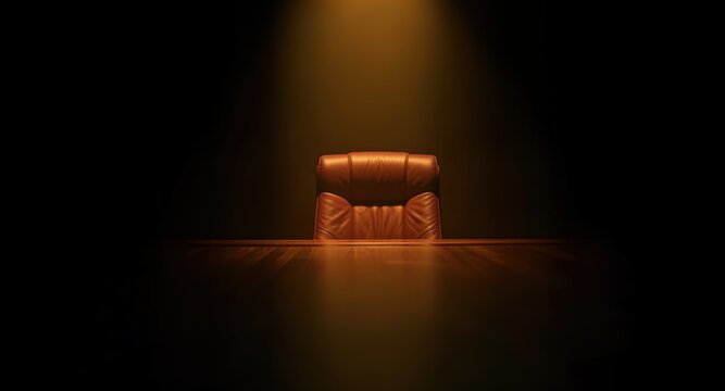 Dramatic concept of empty executive leather chair under single bright spotlight in dark room.

