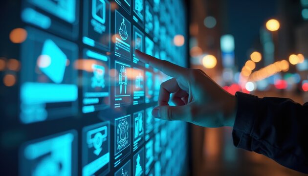 Hand touches glowing digital catalog with product icons. User browses online store screen choosing item. Tech interface on city background, innovation, future shopping.