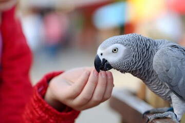 Fototapeta premium A pet parrot gently takes food from a person's hand. A close-up showing the trust and connection between a human and a bird