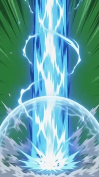 A bright blue-white Kamehameha-style energy beam charging and firing forward on a clean green background.	