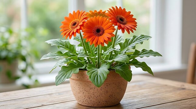 Orange gerbera daisy in white pot on wooden table near window