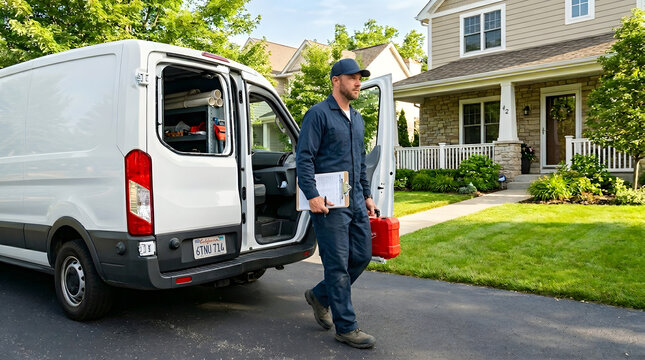 Professional service technician arriving at residential home for maintenance or repair work | Skilled handyman contractor walking from white service van with toolbox and clipboard | Home repair