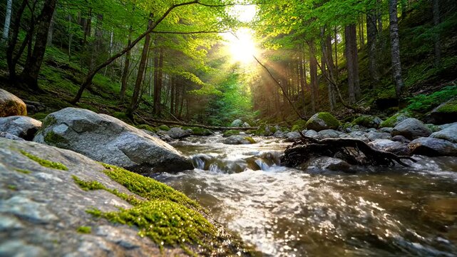 Sunlit forest stream flowing over mossy rocks in summer.