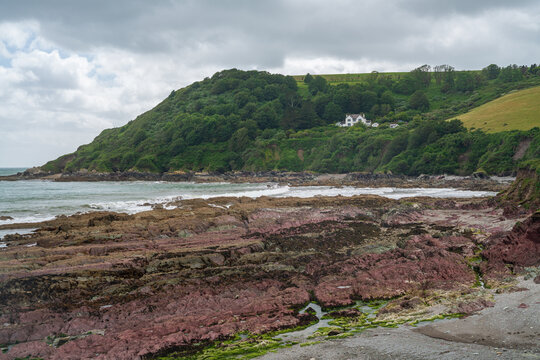 Exposed red shale rock foreground at low tide showing striking patterns near the water edge with a green hillside and a white house in the background, Talland Bay, United Kingdom.