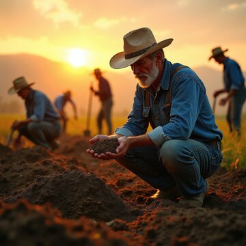 Farmers work on land at sunset examining soil. Old man in hat checks dirt quality. Rural workers prepare field for planting crops. Golden hour light shines.