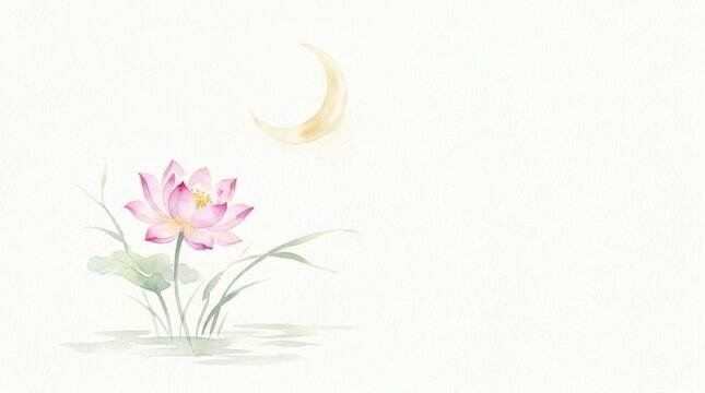 Watercolor pink lotus beneath crescent moon on white paper background with soft copyspace, peaceful buddha birthday spiritual concept