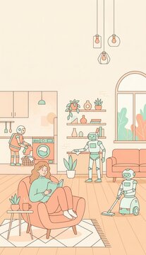Domestic robots performing household chores in modern living room