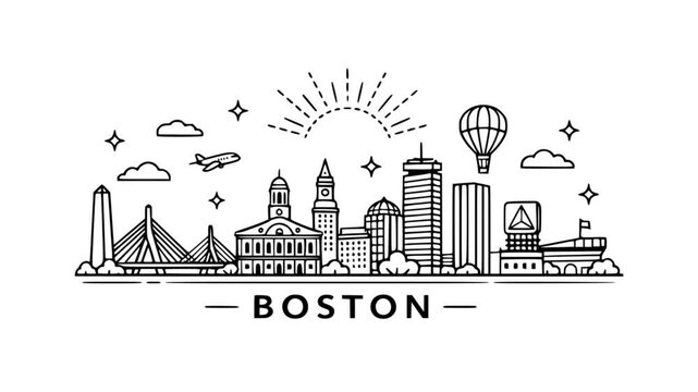 Boston City Skyline Animated Line Art: Hand Drawn Sketch of Massachusetts Landmarks Transitioning from Blueprint, Minimalist Black and White
