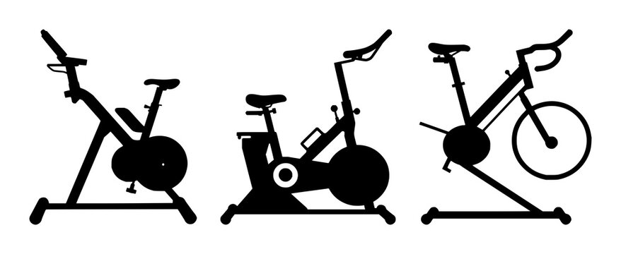 Stationary fitness bike set with solid black icon design featuring exercise, workout, cycling with fitness and cardio equipment