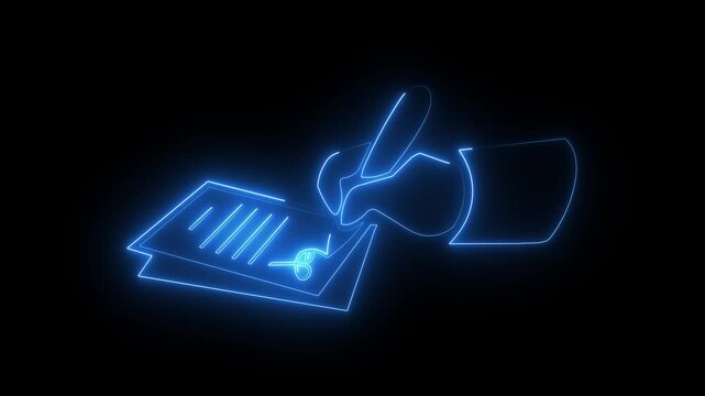 Blue neon hand signing contract document outline glowing on black background animation.