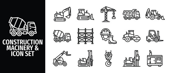 Construction machinery and equipment line icon set vector outlines of excavator, bulldozer, crane, dump truck, concrete mixer, forklift, and road roller © Abir Creative Studio