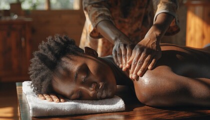 Obraz premium Close-up of a person receiving a therapeutic shoulder massage in a tranquil spa setting, promoting holistic health, wellness, and deep physical relaxation with high detail and realistic lighting.