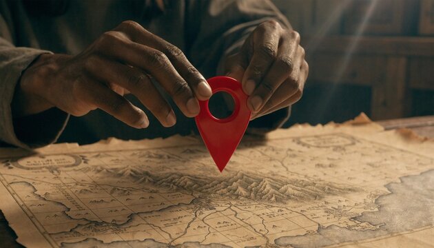 A person holding a generic red location pin icon over a highly detailed vintage parchment paper map of the Middle East region exploring geography, travel destinations, and historical routes.