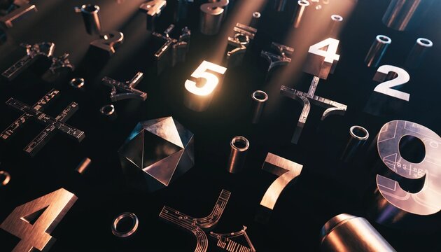 Glowing three-dimensional mathematical numbers and complex equations floating in a dark educational cosmic space, representing advanced calculation, algebra, and scientific research breakthroughs.