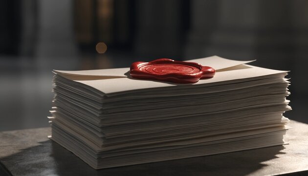 An official stack of generic business documents and legal contracts secured with a traditional red wax seal stamp on top featuring highly detailed textures and a professional aesthetic look.