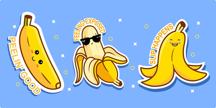 Cute Banana Character Sticker Set Vector Illustration Kawaii Fruits Label