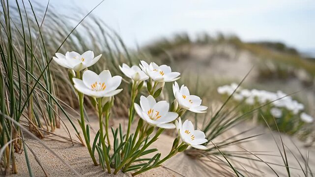 White flowers blooming in coastal sand dunes under sunlight.