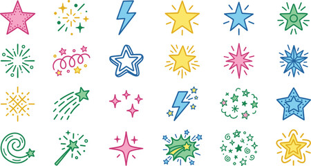 Fototapeta premium Colorful sparkle and star icon set for graphic design projects