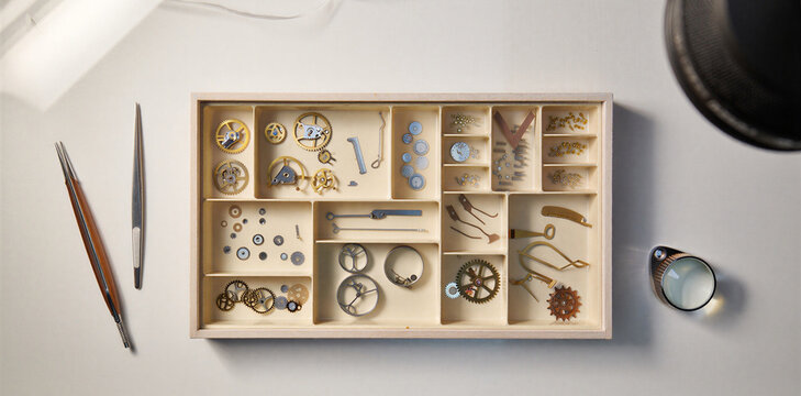 Watchmaker tools and small mechanical gear components arranged in a wooden organizer tray with watchmaker mechanical clockwork precision engineering restoration maintenance workshop