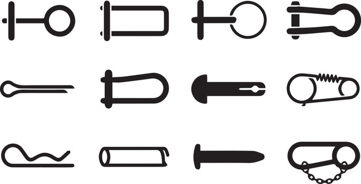 Collection of twelve black vector lynch pins and R-clip icons