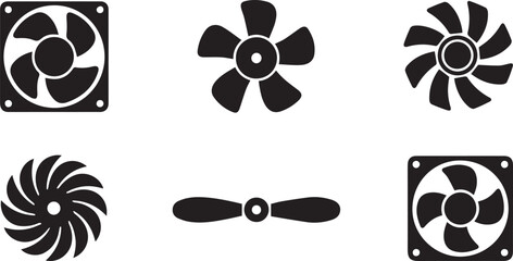 Fototapeta premium Cooling fan blades vector icon set, engine radiator and computer cooler fan mechanism silhouettes