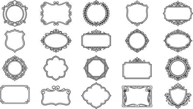 Collection of ornate black line art frames and borders for design projects