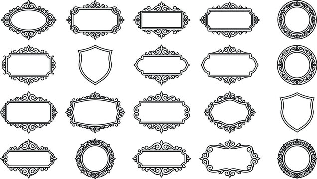 Collection of ornate filigree frames and borders black and white vector illustrations