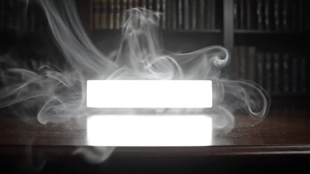 Mysterious glowing rectangle appears on wooden table with smoke effects in a library
