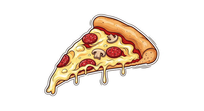 Creative cartoon pizza slice with pepperoni and cheese in flat design illustration