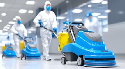 Fototapeta premium Janitorial Team in Protective Clothing Using Sanitizing Equipment Indoors