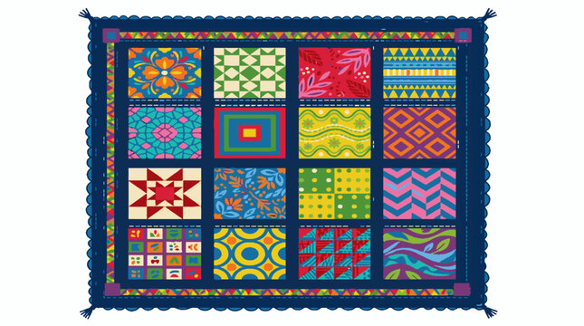 Colorful patchwork quilt with diverse geometric and floral patterns.