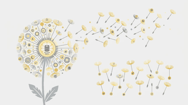 Abstract dandelion flower illustration with a central gear symbol.
