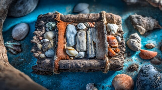 Unique Animal Hide Texture Artfully Carved with Seashells and Natural Materials