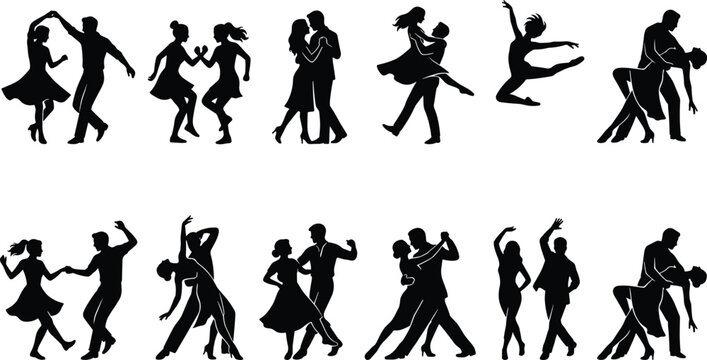 Dance couple silhouette collection featuring ballroom latin social and contemporary partner performances isolated vector character set design