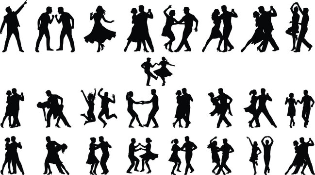 Dancing couple silhouette collection featuring ballroom latin social and partner dance poses isolated vector characters for events