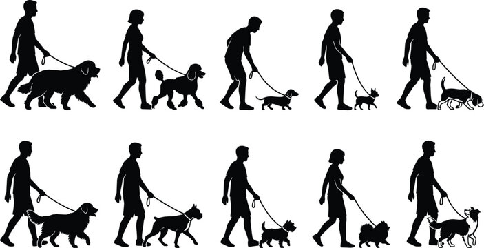 Dog walking silhouettes collection featuring men women and various pet breeds on leash isolated lifestyle vector set