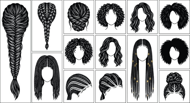 Diverse women hairstyles collection featuring braids curls waves locs and updos isolated fashion vector illustration set for beauty design