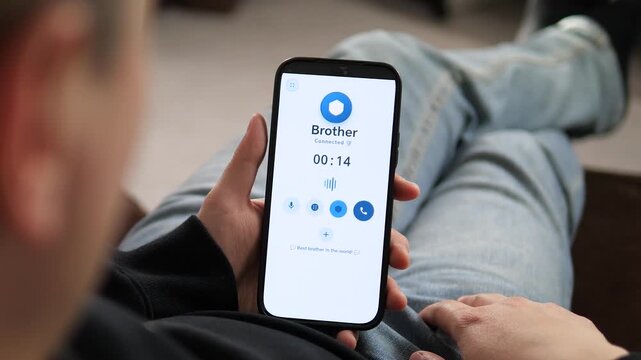 Heartwarming phone call with a sibling. Close-up of a smartphone screen showing an active call to Brother with a timer and voice waveform. Perfect for family communication, connectivity, and lifestyle
