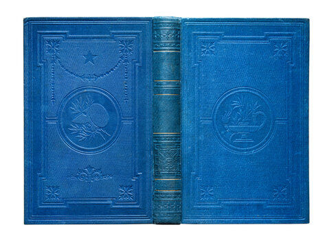 Antique hardcover book with an ornate decorative binding made of cloth and illustrated cardboard, featuring rich gold embossing and blue colors. Isolated on a white background 
