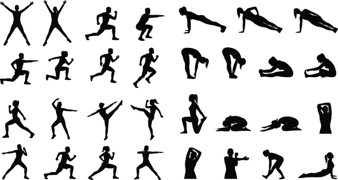 Fitness and yoga silhouette collection featuring workout stretching exercise training and wellness poses isolated vector character set