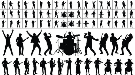 Large musician silhouette collection featuring singers guitarists drummers orchestra performers and live concert artists isolated vector set © Md