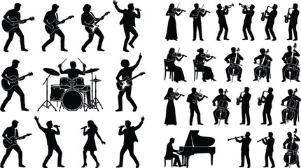 Musician and orchestra silhouette collection featuring singers guitarists pianists violinists drummers and jazz performers isolated vector set © Md